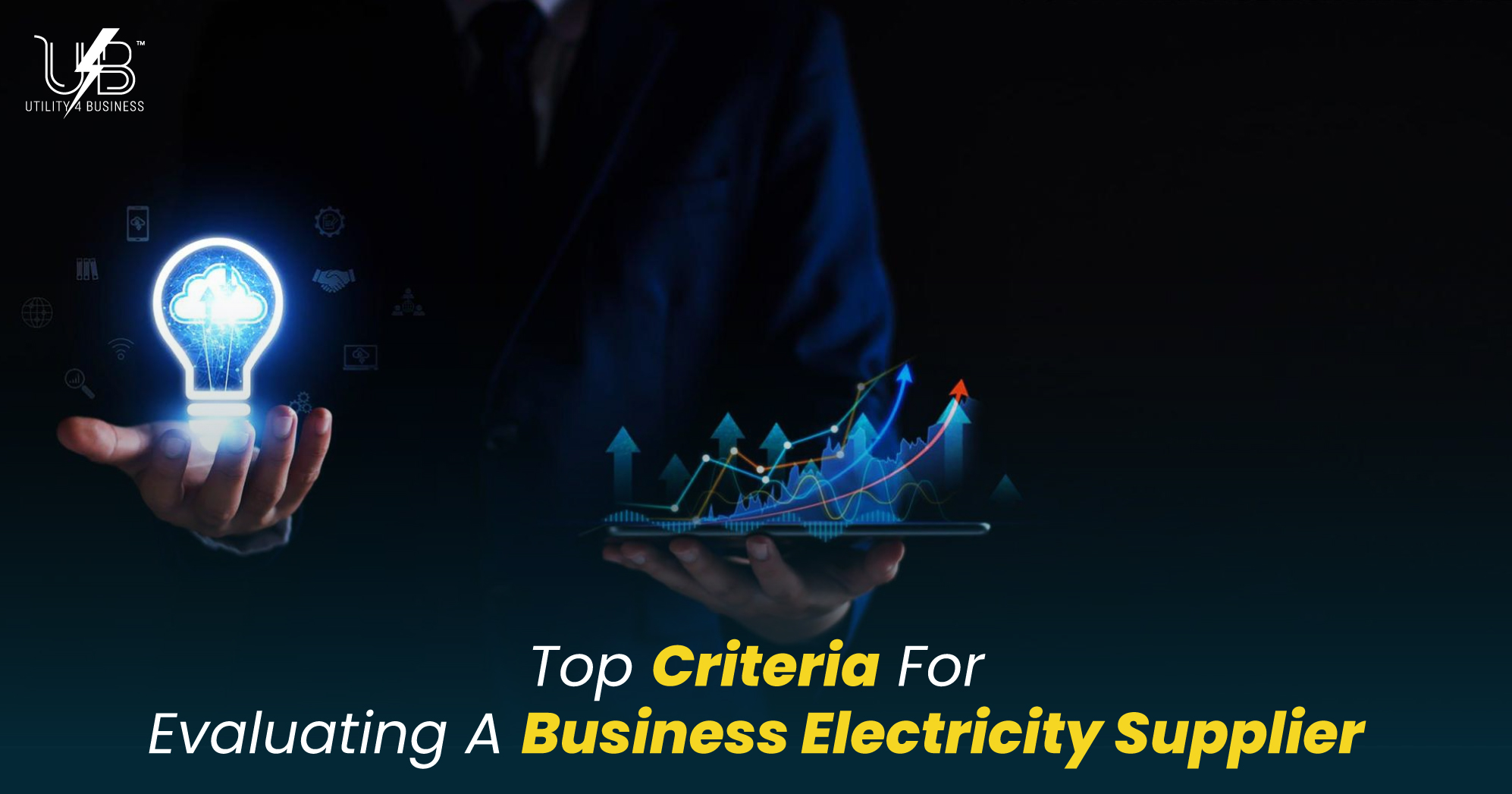 Utility4Business: Evaluating business electricity supplier – contract, rates, data (lightbulb, graphs) for smart business energy choices.